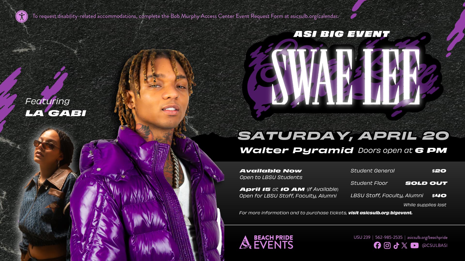 Big Event with Swae Lee April 20th at 7pm in the Walter Pyramid