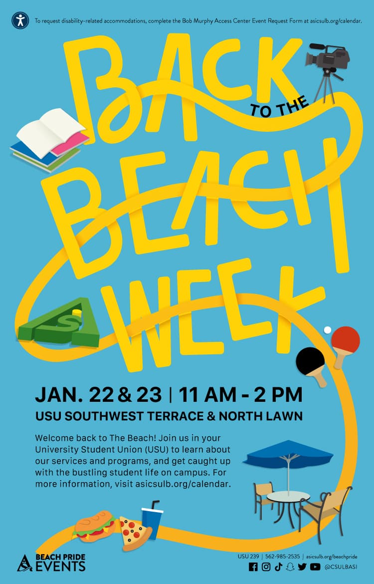 Back to The Beach Week Jan. 22 to 23 from 11 a.m. to 2 p.m. on th USU Southwest Terrace & North Lawn