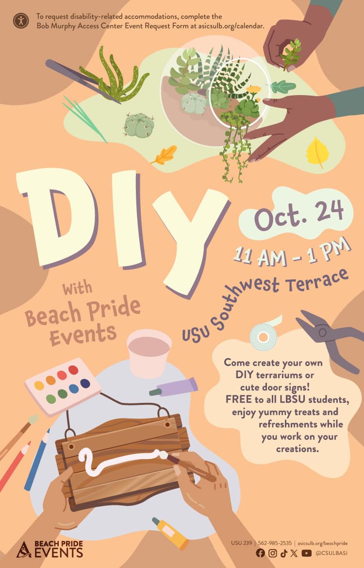 DIY w Beach Pride Events Oct. 24 from 11am to 1pm on the USU Southwest Terrace