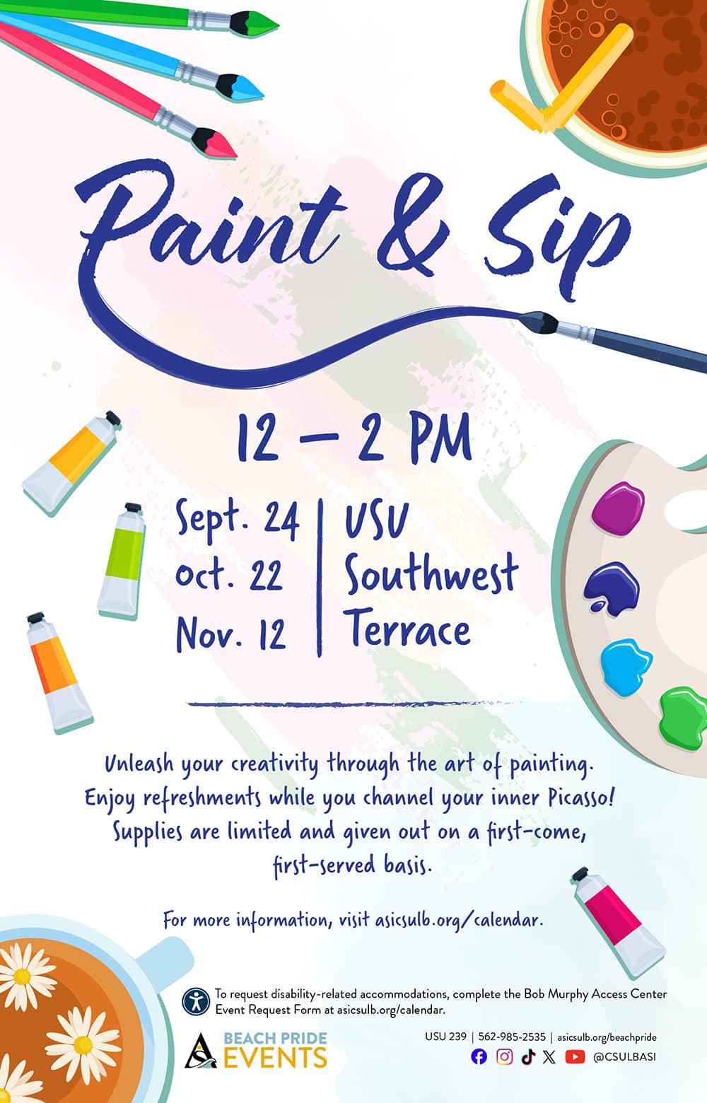 Paint and Sip Sept 24, Oct 22, and Nov 12 from 12pm to 2pm on the USU Southwest Terrace