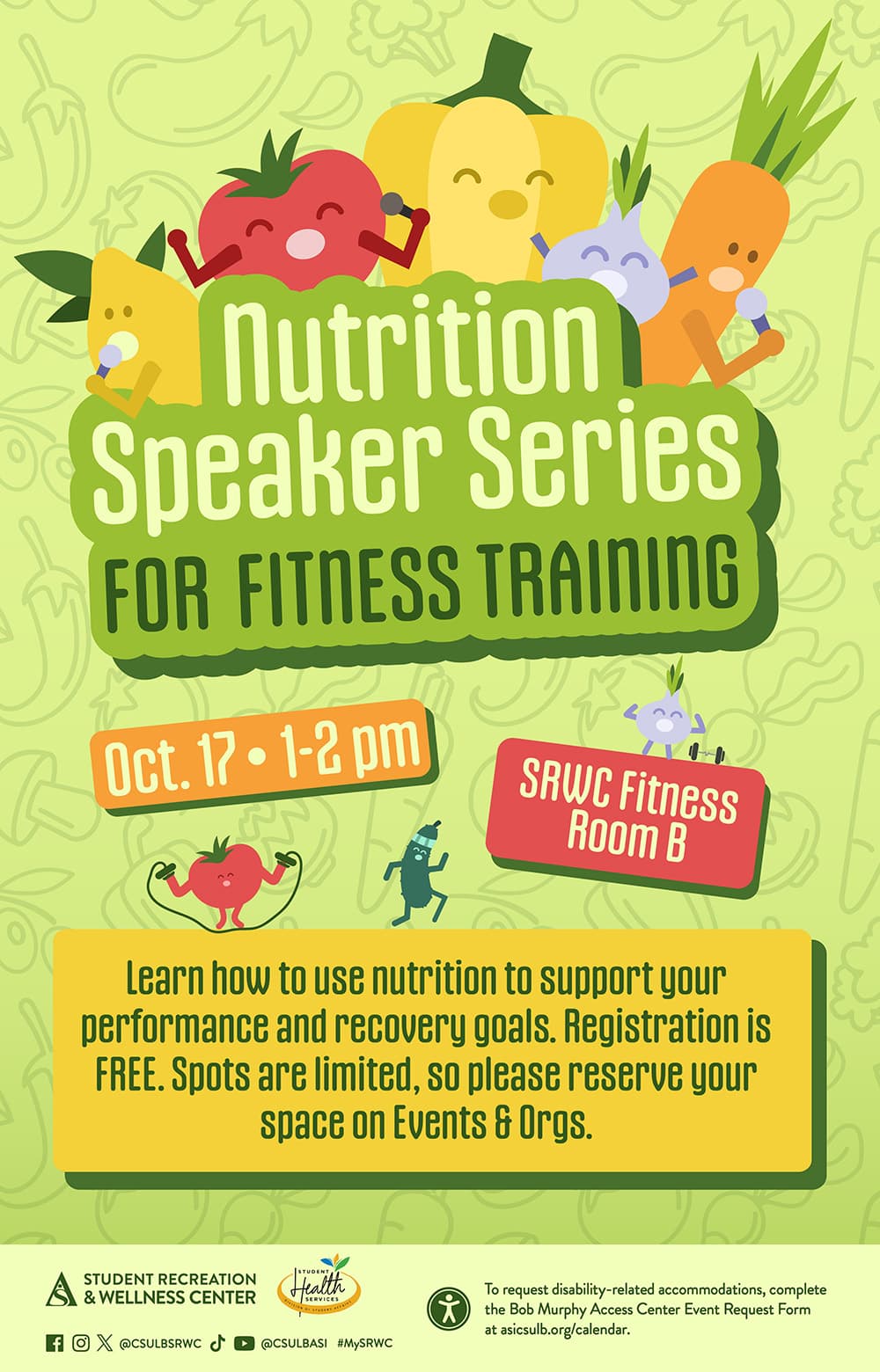 Nutrition for Fitness Training Oct. 17 from 1 to 2pm in SRWC Fitness Room B