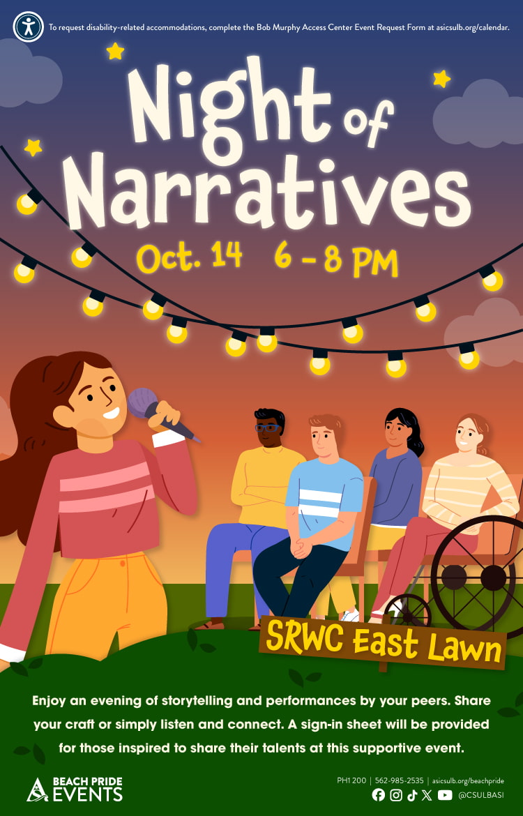 Night of Narratives
Oct. 14
6 to 8 p.m.
SRWC East Lawn
