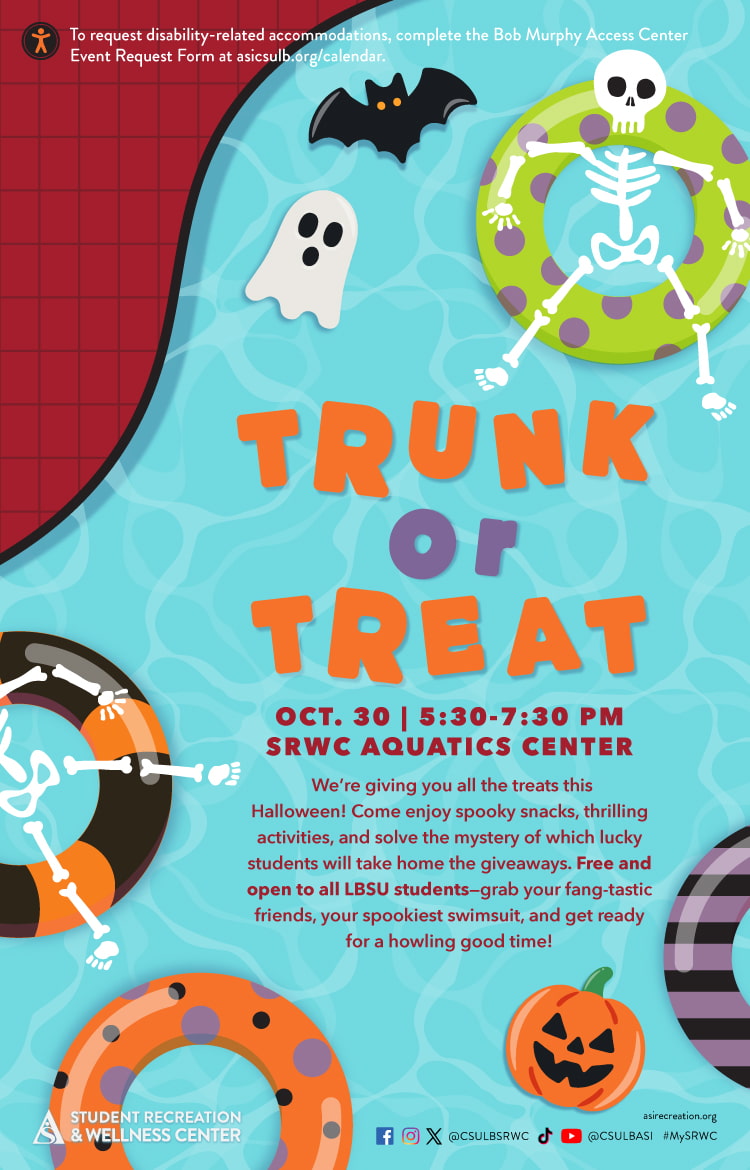 Trunk or Treat
Oct. 30
5:30 to 7:30 p.m.
SRWC Aquatics Center