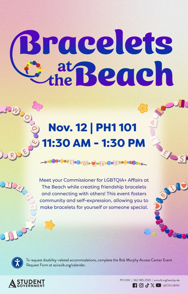 Bracelets at the Beach
Nov. 12
11:30 a.m. to 1:30 p.m.
PH1 101