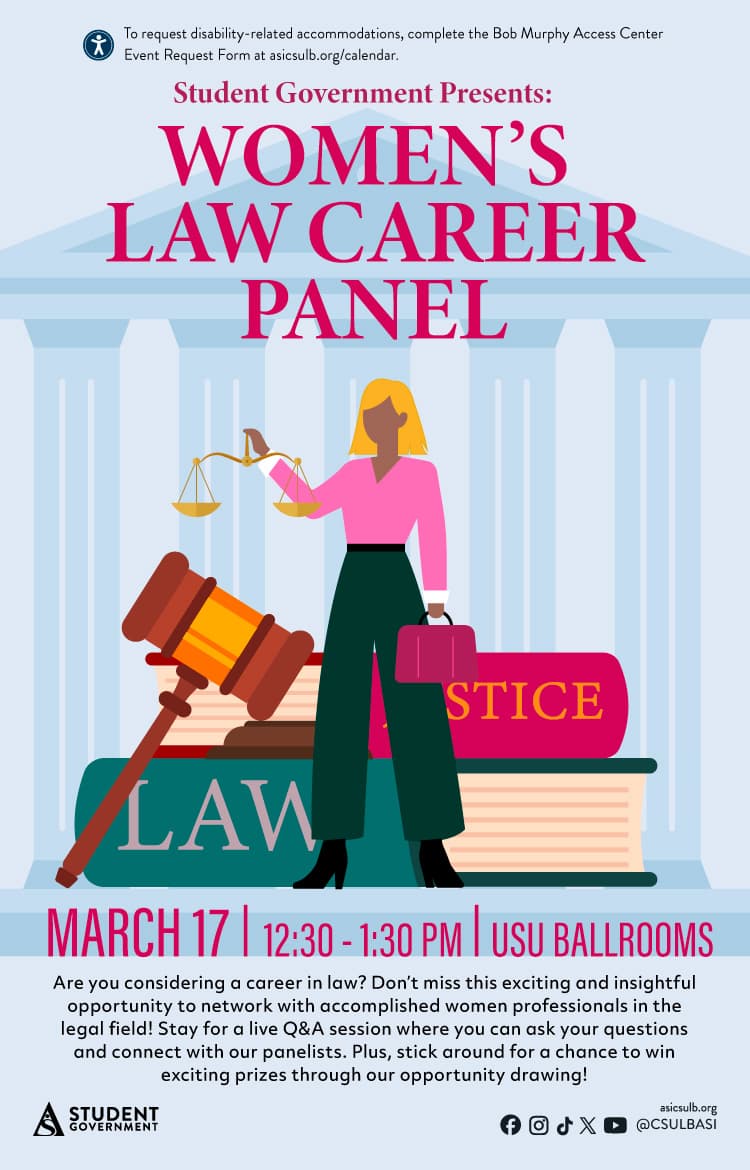 Women's Law Career Panel
      March 17
      12:30 to 1:30 p.m.
      USU Ballrooms