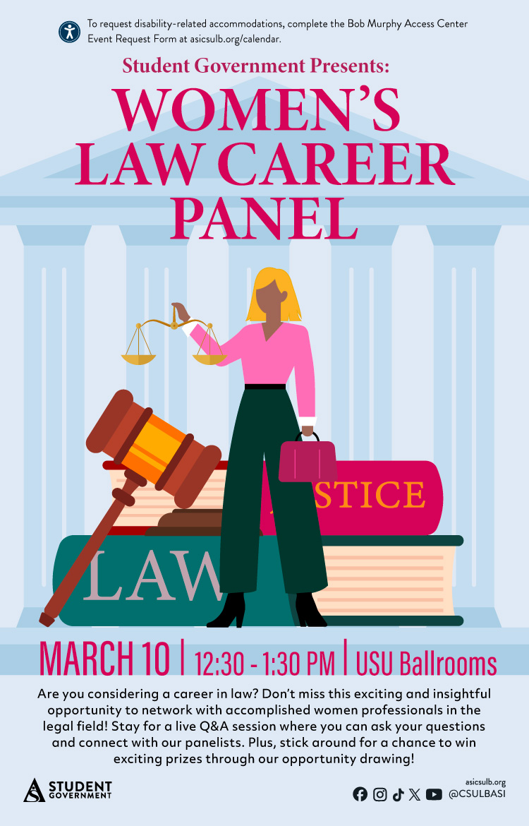 
Women's Law Career Panel
March 10
12:30 to 1:30 p.m.
USU Ballrooms