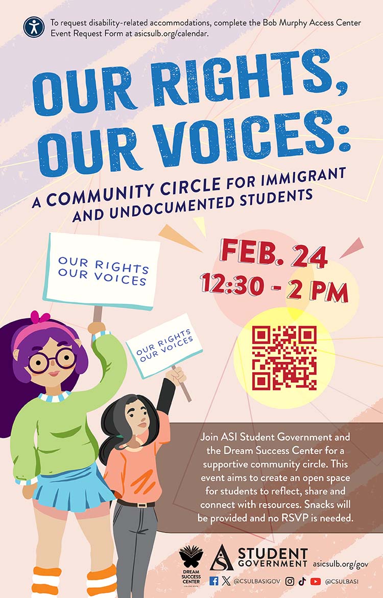 Our Rights, Our Voices: A Community Circle for Immigrant and Undocumented Students
        Feb. 24
        12:30 to 2 p.m.