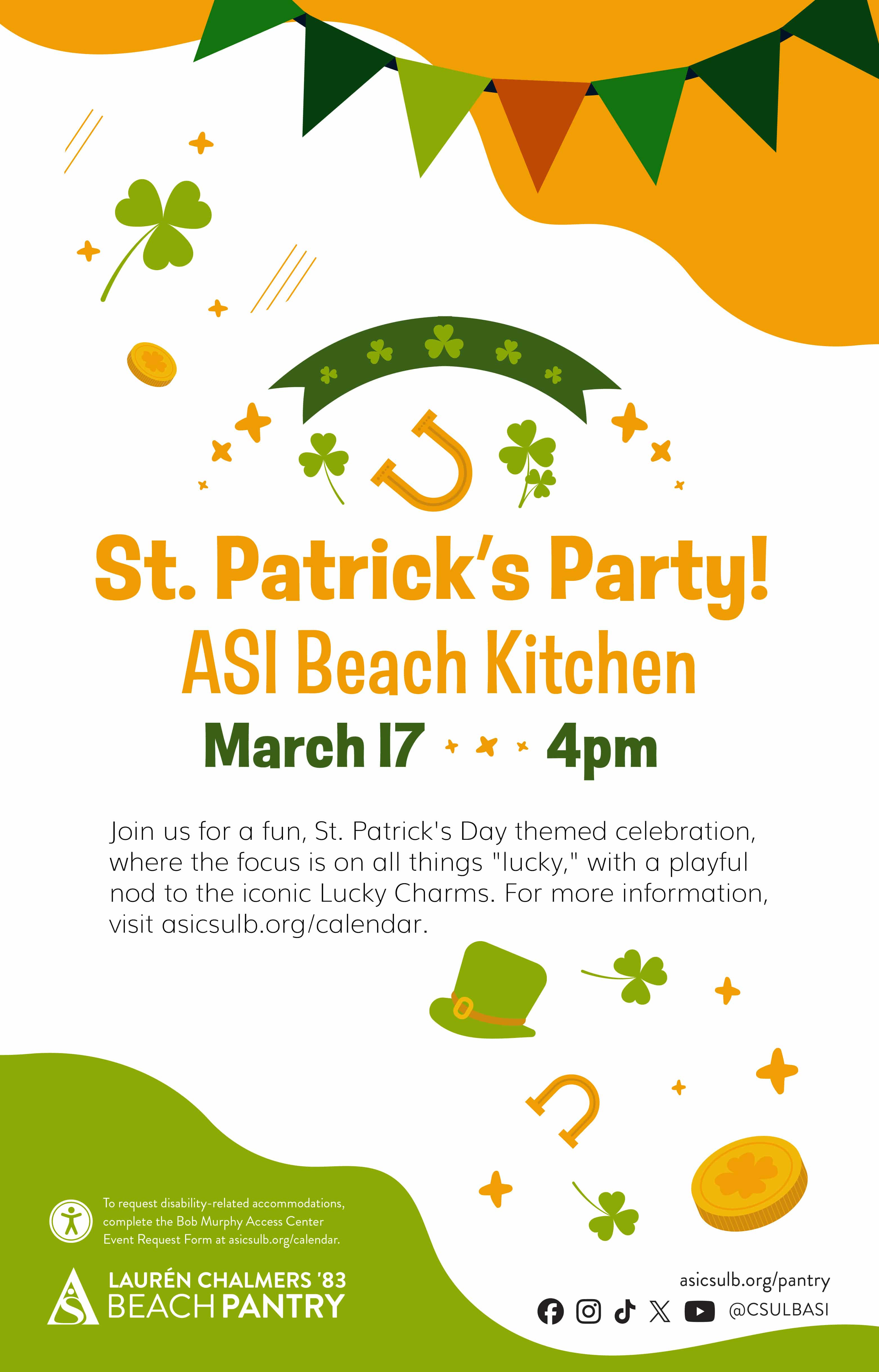 St. Patrick's Party
      March 17
      4 p.m.
      ASI Beach Kitchen