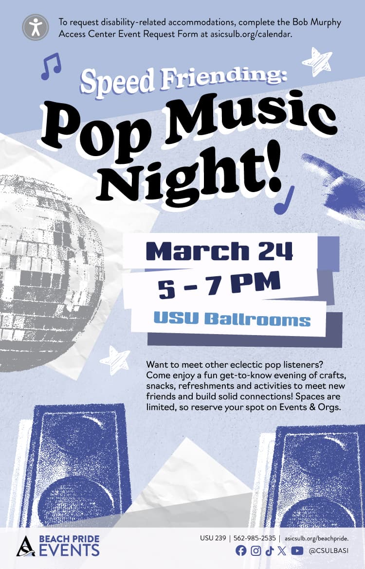 Speed Friending: Pop Music Night! 
      March 24
      5 to 7 p.m.
      USU Ballrooms