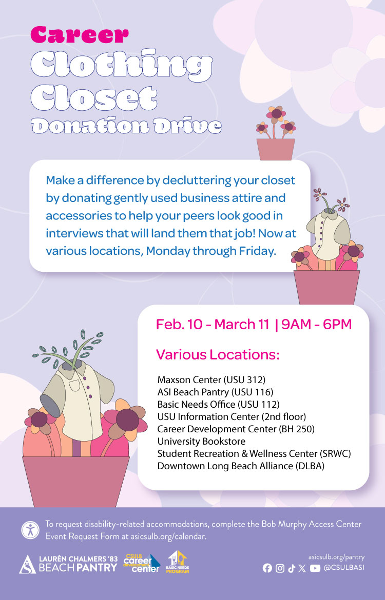 Career Clothing Donation Drive
      Feb. 10 - March 11
      9 a.m. to 6 p.m.
      Various Locations