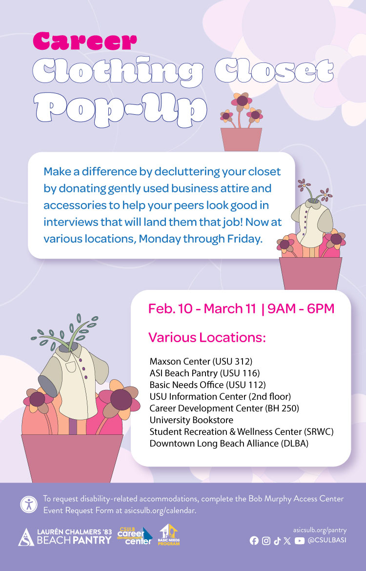 Career Clothing Closet Pop-Up      March 11      11 a.m. to 4 p.m.      USU Ballrooms