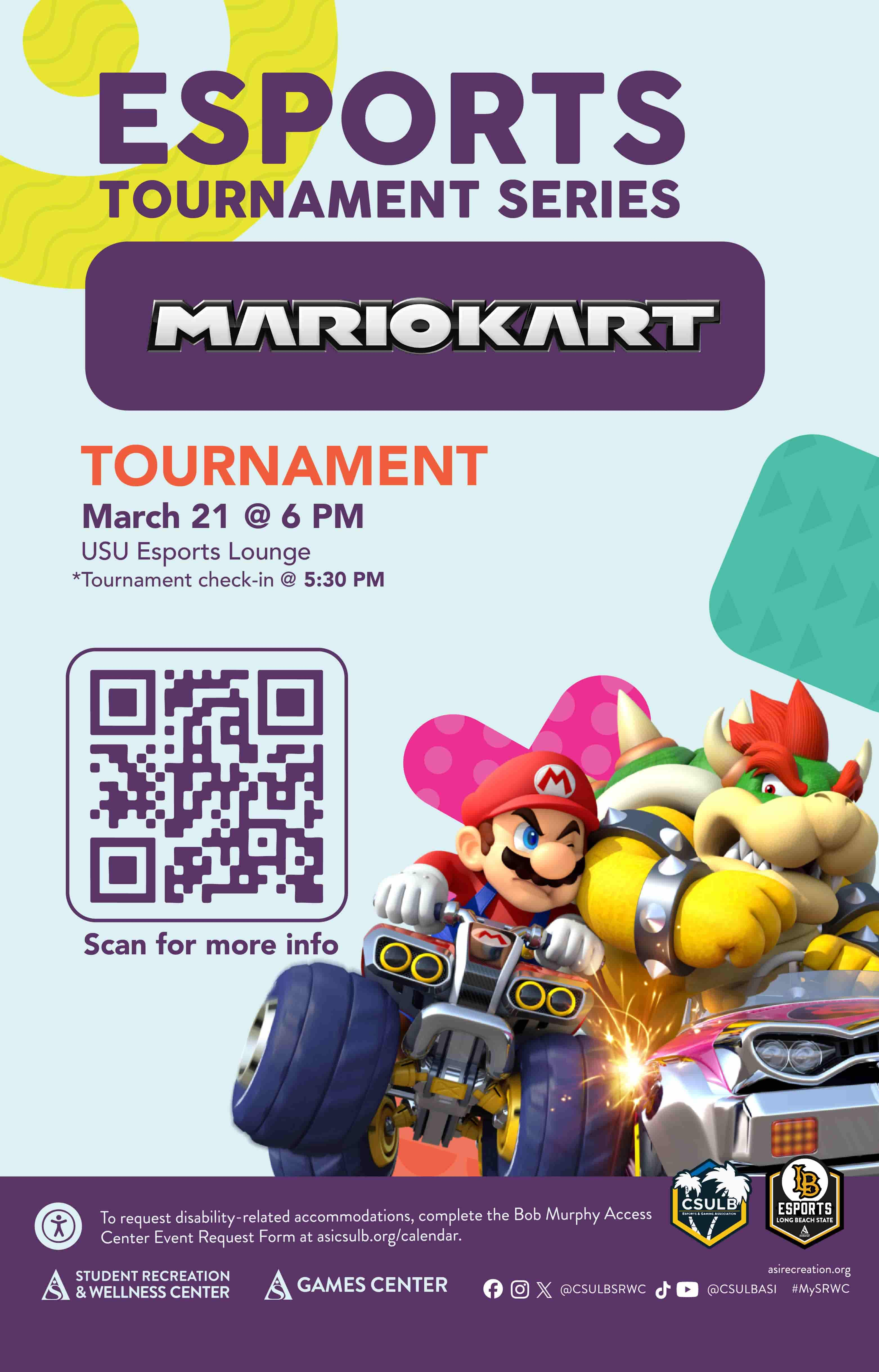 Esports Tournament: Mario Kart
      March 21
      Check in starts at 5:30 p.m.
      Tournament starts at 6 p.m.
      USU Esports Lounge
      