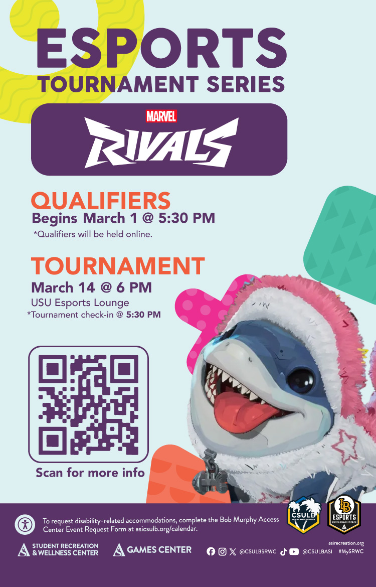 Tournament
March 14
Tournament Check In: 5:30 p.m.
Esports Lounge
      