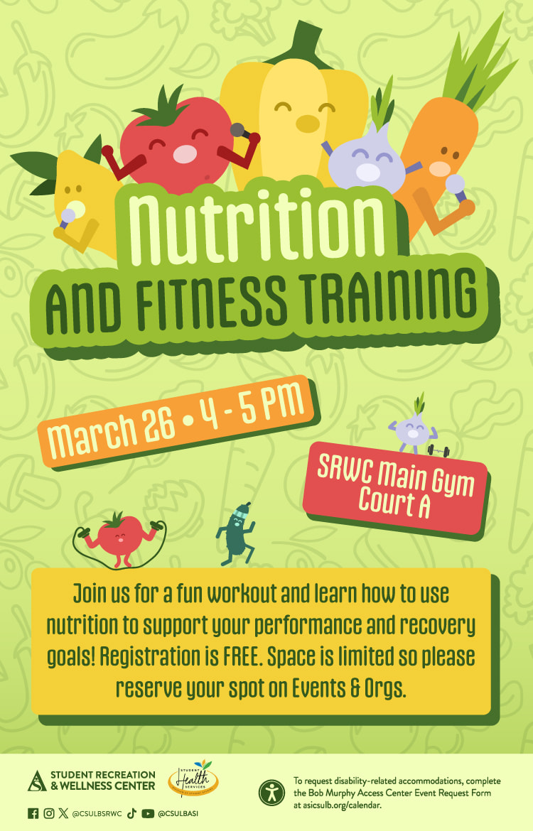 Nutrition & Fitness Training
      March 26
      4 to 5 p.m.
      SRWC Main Gym, Court A