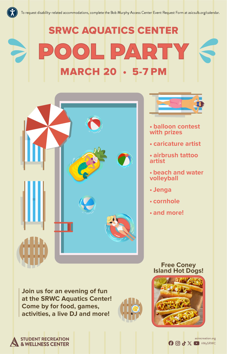 SRWC Pool Party
      Mach 20
      5 to 7 p.m.
      SRWC Aquatics Center