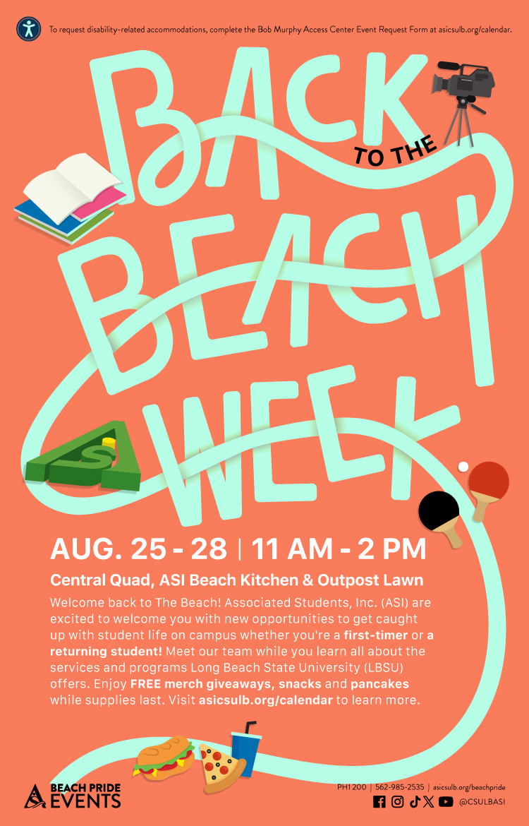 Back to the Beach WeekAug. 25 - 2811 a.m. to 2 p.m.Central Quad, ASI Beach Kitchen & Outpost Lawn