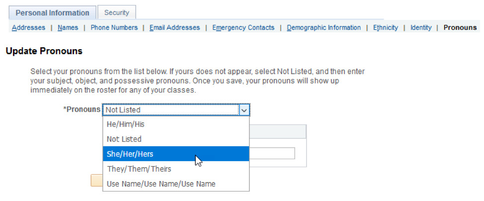 Update pronouns selection