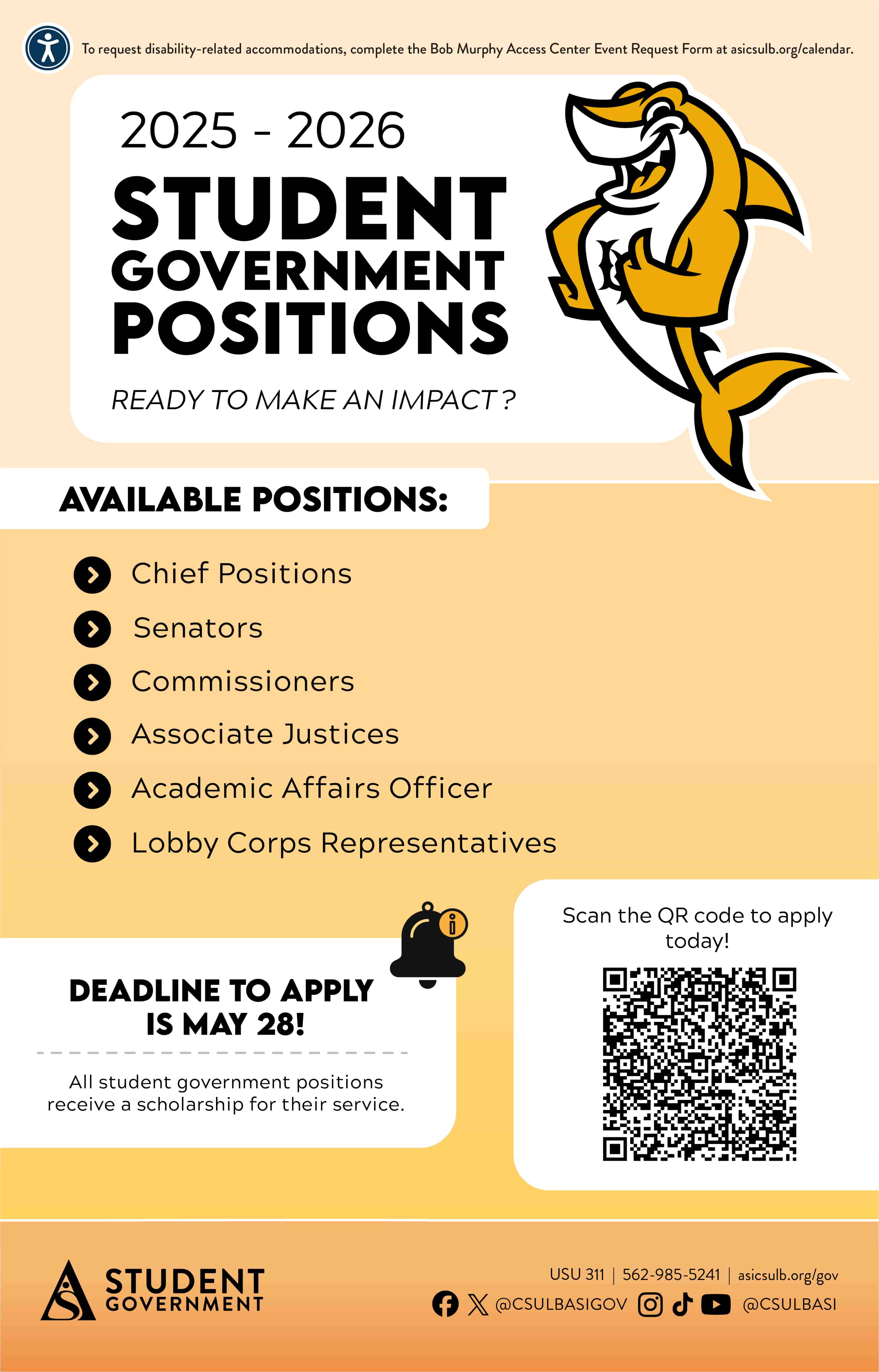 Open Student Government Positions
Fall 2025 to Spring 2026
Online
Deadline May 28